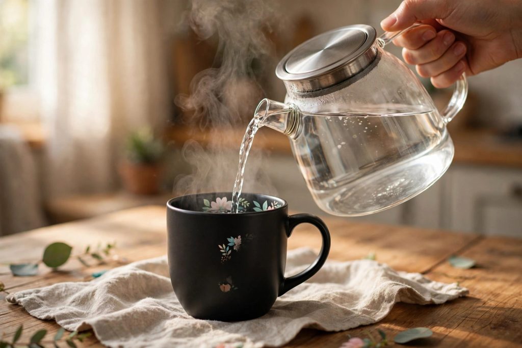手持水壶向黑色变色马克杯中倒入热水,杯身图案逐渐显现