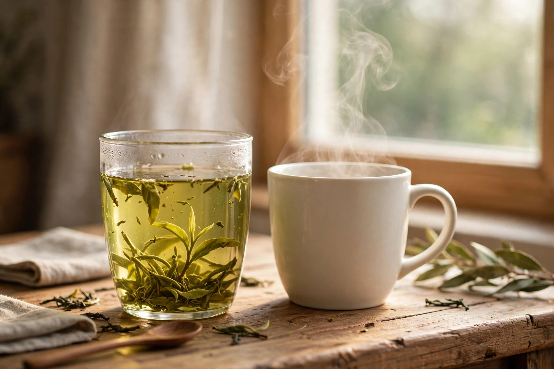 高硼硅玻璃杯泡绿茶与白色陶瓷杯生活场景